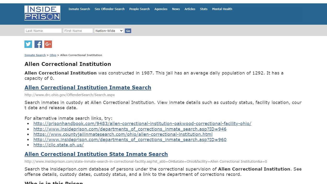 Allen Correctional Institution - Ohio - Inmate Search